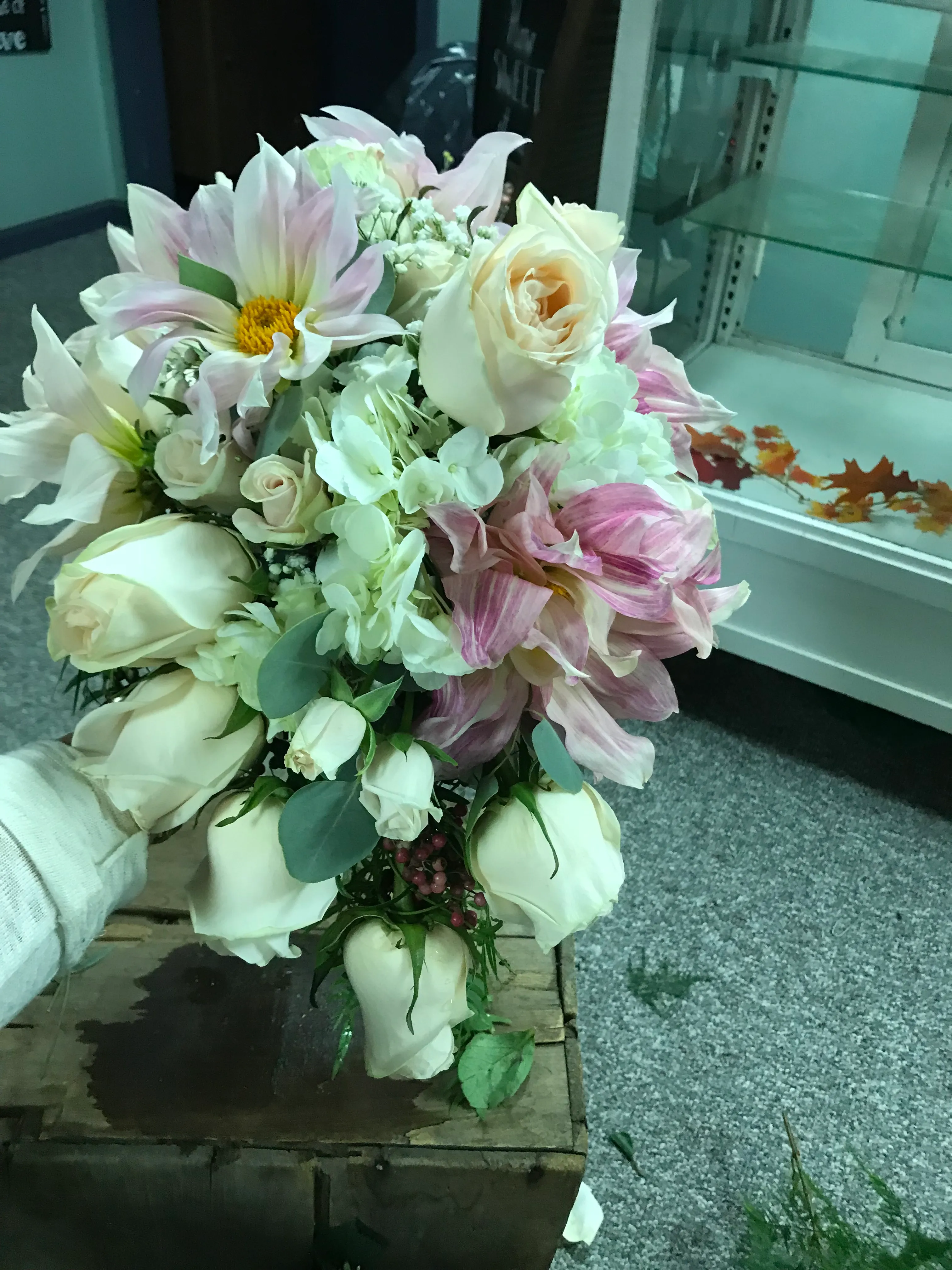 Blush dahlia and rose bridal bouquet